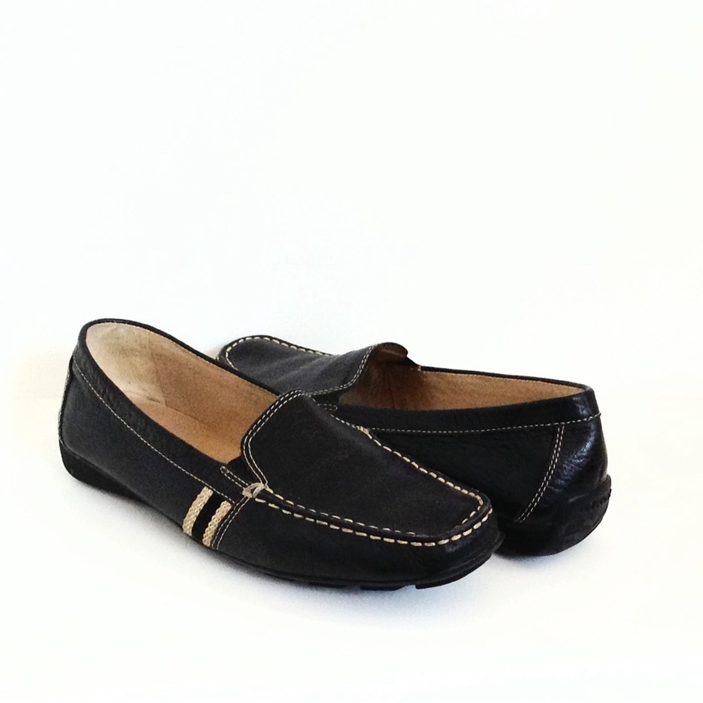 Geox Black Leather Slip-On Loafers with Cream Accent